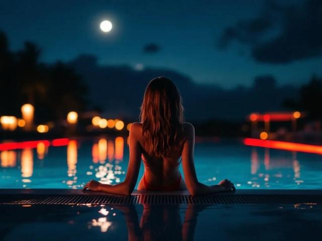 La parte trasera de DanaSmile está desnuda mientras está sentada al borde de una piscina, de espaldas a la cámara, con agua iluminada por la luna y reflejos coloridos. Sus pechos son ligeramente visibles..
