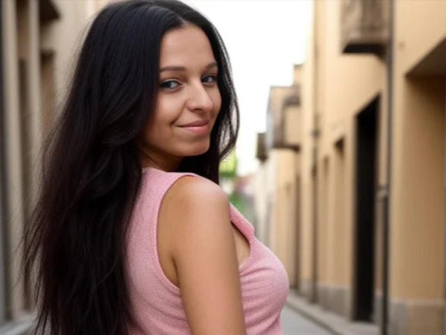 CatMelissa, con cabello negro largo, una blusa rosa sin mangas, sonriendo a la cámara, mostrando sus pechos desde un lado, de pie en un estrecho callejón urbano..
