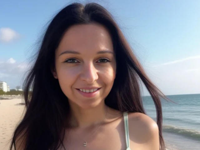CatMelissa has long dark brown hair, a cute smile, and small tits, wearing a green strap top, standing by the ocean with clear blue skies and gentle waves.