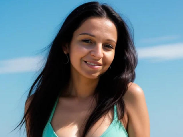 CatMelissa with long black hair, green halter top, and a smile, showing her tits slightly, standing against a clear blue sky. She's wearing small hoop earrings.