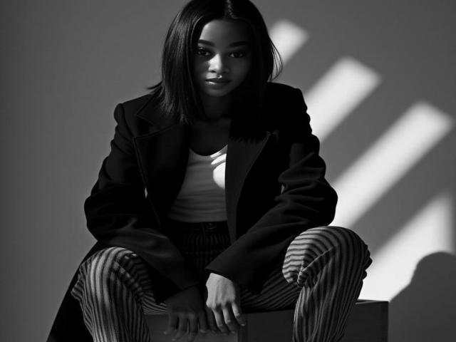 JulieOrtega with medium dark skin, straight black hair, wearing a dark blazer, white tee, and striped pants, sitting, hands on knees, shadowed, looking serious, black-and-white photo.