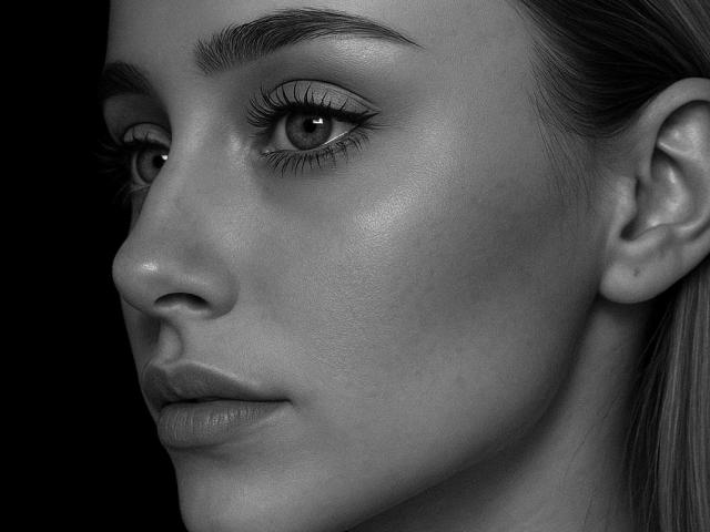 Sol69's face in black-and-white, showing her shiny skin, thick eyebrows, long eyelashes, and slightly parted lips. Her eye is looking to the left, with her ear visible.