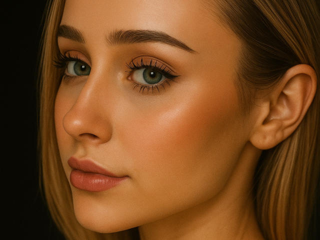 Sol69's face with green eyes, brown eyebrows, long eyelashes, pink lips, and blonde hair, looking slightly to the side. She has a smooth, tan skin tone and a gentle smile.