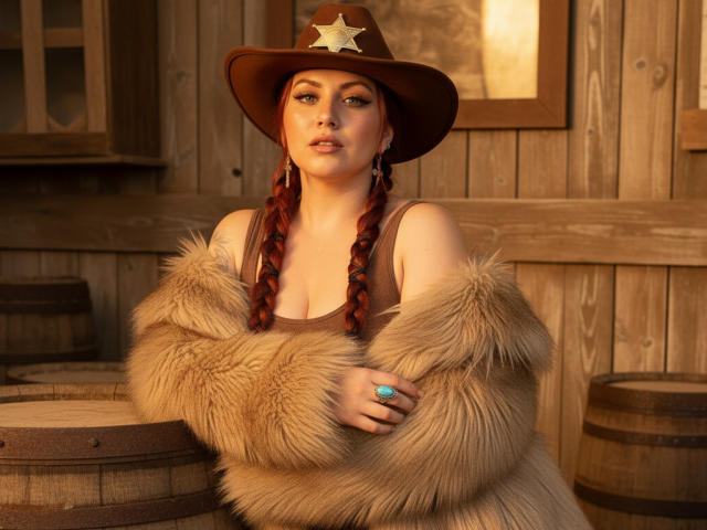 LexxieStone with red braids, wearing a brown cowboy hat with a star, brown top, and a furry beige coat, standing by wooden barrels, her tits slightly visible.