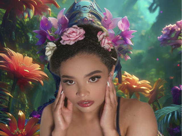 DulceNayra with curly brown hair, wearing a floral headpiece with pink roses, purple flowers, and blue armor, hands on her face, looking seductively at the camera.