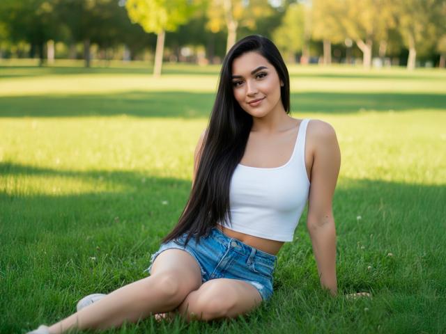 KarinaArisonya has long black hair, white tank top showing small tits, and blue denim shorts, sitting on green grass with a relaxed smile, legs crossed.