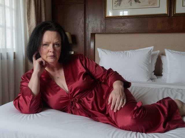 TiffanyMilf with short black hair, wearing a red satin robe, lying on a bed, holding a phone to her ear, looking annoyed, her tits slightly visible, ass covered.