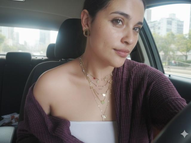 AgathaK with light brown skin, dark hair in a bun, wearing a purple cardigan, white strapless top, gold necklaces, and hoop earrings, sitting in a car, smiling.