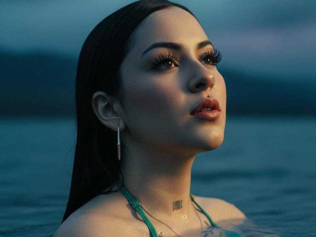 EmmieX has wet dark hair, green bikini top, and a nose ring. She's looking up with glossy eyes, full lips, and a small tattoo below her collarbone.