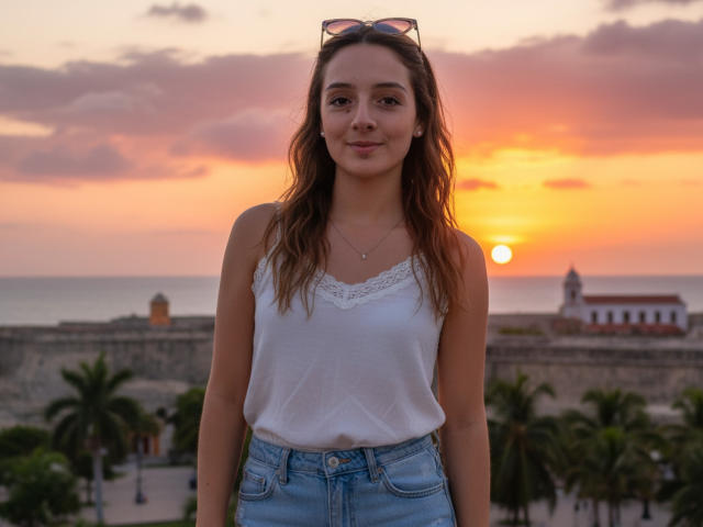 SaarahJones with wavy brown hair, white lace-trimmed tank top, and blue jeans, standing at sunset, wearing sunglasses on head, smiling, hands by sides, orange and pink sky.