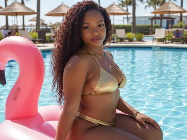 SwettBrownn, con cabello castaño rizado, vestida con un bikini dorado, sentada en un flotador rosa con forma de flamenco en una piscina azul, mostrando sus pechos y glúteos, sonriendo con confianza..