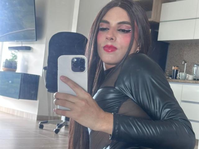 SahraValley with long brown hair, red lipstick, and black leather outfit, taking a selfie in a room, holding a white phone, showing her tits through a sheer top.