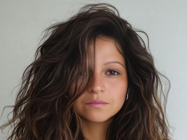 CatMelissa tiene el pelo castaño despeinado que le cubre un ojo, piel marrón media y labios rosados. Lleva pequeños pendientes de plata, mirando directamente a la cámara con una expresión neutra..