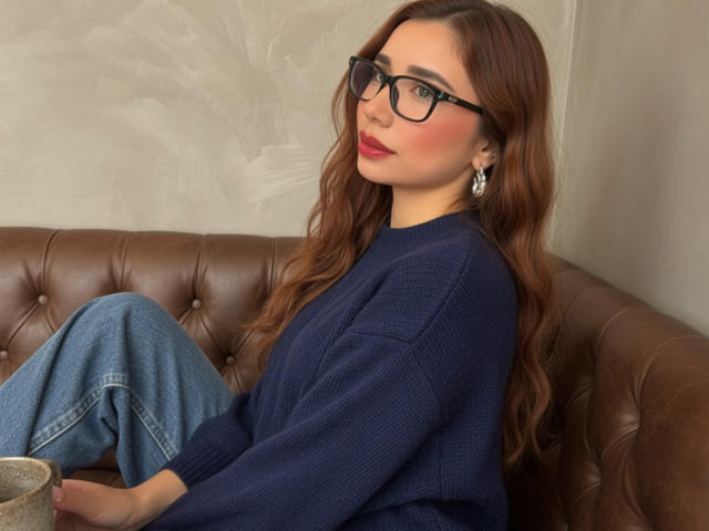 Bellasweeth with wavy brown hair, glasses, red lipstick, and blue sweater, sitting on brown leather couch, wearing blue jeans, holding gray mug, looking over shoulder.