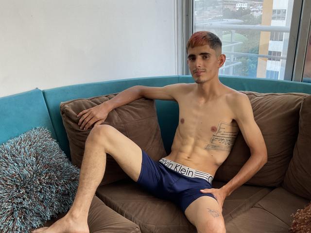 SkinnyAngie, shirtless with a slim, toned body, small nipples, tattoo on right side, wearing blue boxer shorts, sitting on brown couch, arm on cushion, leg up, window in background.