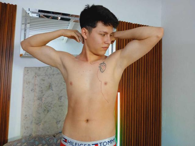 DanielOn, senza camicia, con i muscoli delle braccia in tensione, piccolo tatuaggio a forma di cuore sulla spalla destra, capelli neri corti, biancheria intima bianca con elastico "HILLSTOMM", in piedi, che guarda in basso, pareti di legno, stanza bianca..