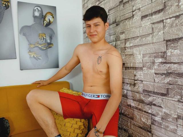 Daniel, sem camisa e com uma tatuagem no peito, vestindo uma roupa íntima vermelha com a inscrição "TOMMY" na cintura, sentado em um sofá amarelo, sorrindo levemente..