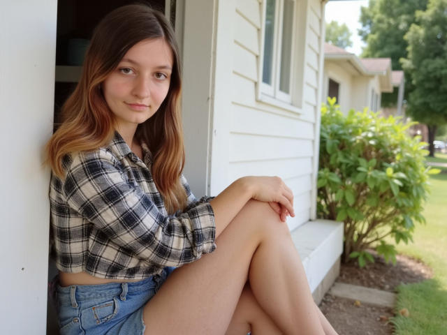 NikaStar1 with medium brown hair, wearing a plaid shirt and blue shorts, sitting with knees up, showing her bare ass and legs, in front of a white house.