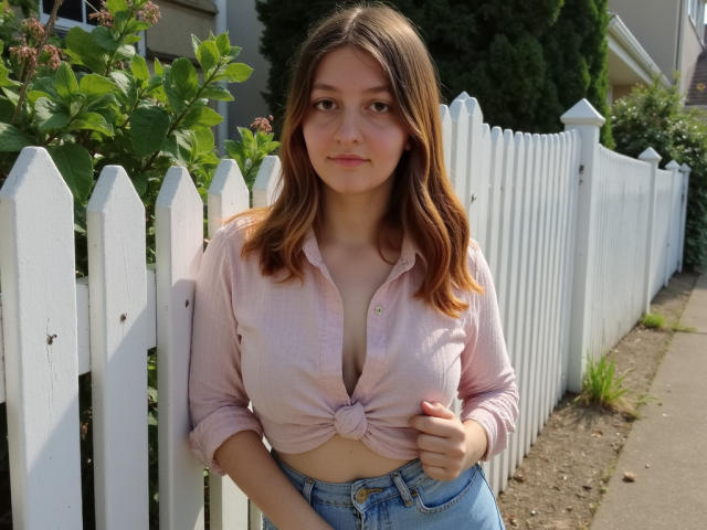 NikaStar1 with light pink button-up shirt tied below bust, showing small tits, wearing blue jeans, standing by white picket fence, brown hair, slight smile, holding shirt.