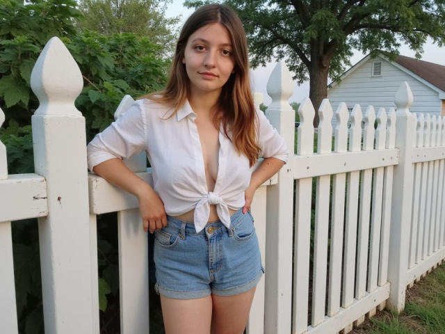 NikaStar1 with brown hair, white tied shirt, showing small tits, blue denim shorts, hands on white fence, standing outside, green leafy background, daytime, slightly serious expression.