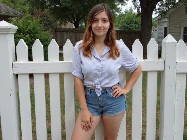 NikaStar1 with light brown hair, wearing a tied-up blue button-up shirt and denim shorts, standing against a white picket fence, hands on hips, smiling slightly.