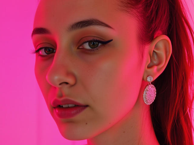 RoxyRay ha un viso illuminato di colore rosso-rosa, indossa un orecchino a forma di goccia di diamante, con un audace eyeliner nero, occhi marroni e un leggero sorriso, e guarda a sinistra..