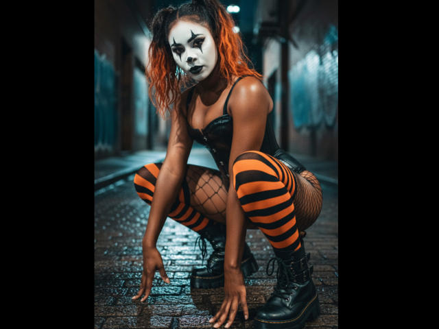 MollyGoldenn crouches in a dark alley, wearing a white clown mask, orange-striped fishnet stockings, black leather corset, and boots. Her orange hair contrasts with her dark makeup.