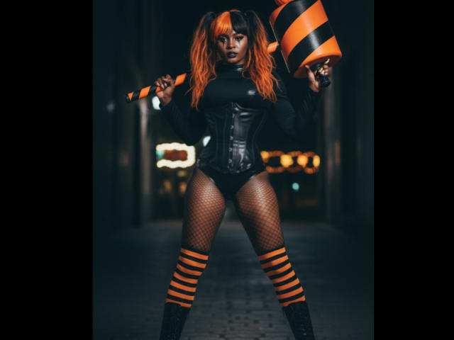 MollyGoldenn with orange and black pigtails, black leather corset, fishnet legs, and striped orange and black socks, holding a striped orange and black hammer, looking fierce.
