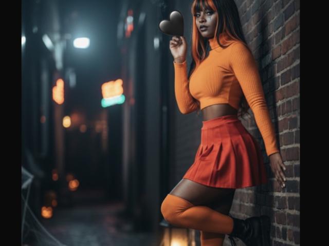 MollyGoldenn with dark skin, orange turtleneck, red skirt, and orange stockings, holding a heart-shaped object, leaning against a brick wall, nighttime, urban alley, sexy, curvy.