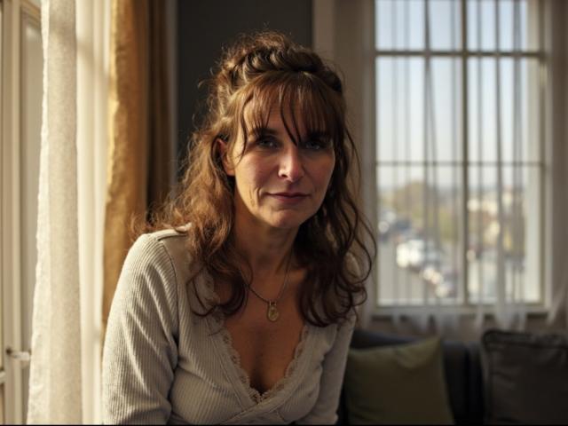 KathySkyer with wavy brown hair, bangs, and a light gray ribbed top, showing small tits, standing near a sunlit window, smiling slightly, wearing a necklace with a pendant.