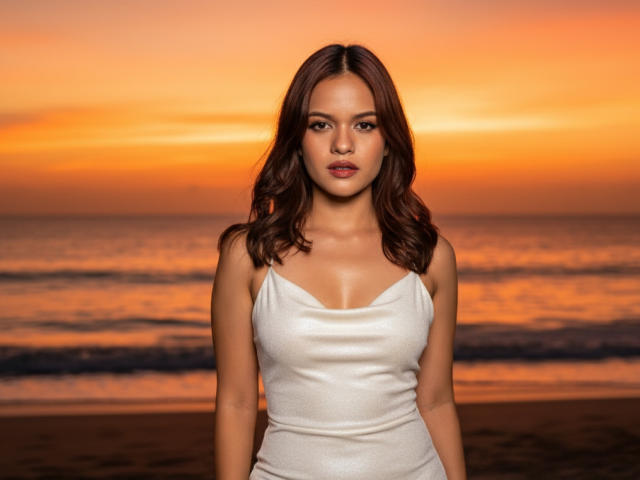 EmmaMarote with brown wavy hair, wearing a white satin dress, showing her tits, standing on a beach at sunset, orange sky, calm ocean, and gentle waves in the background.