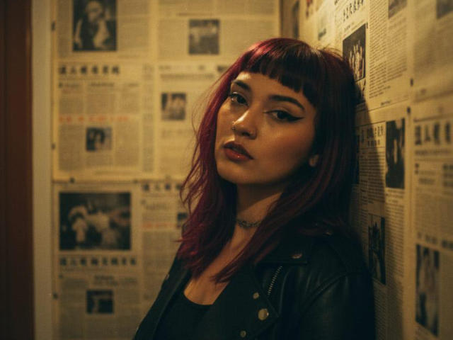 AkiraNishimura69 with red hair, black eyeliner, black leather jacket, choker, leaning against wall, looking over shoulder, nose ring, soft brown light, slightly parted lips, sexy.