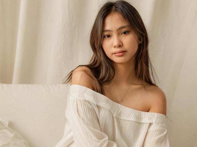 Jennelyn with long brown hair, off-shoulder white ribbed shirt, subtle smile, and gentle eyes, sitting on a white couch, looking at camera. Soft, natural light.