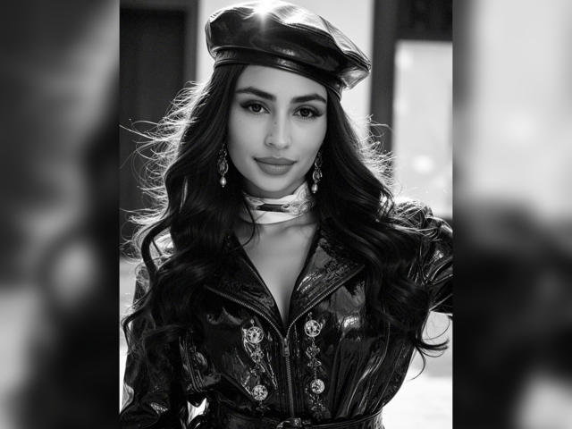 MiilaWx with long, wavy dark hair, wearing a shiny leather hat and jacket, adorned with decorative buttons, and choker, smiling confidently. Black-and-white photo.