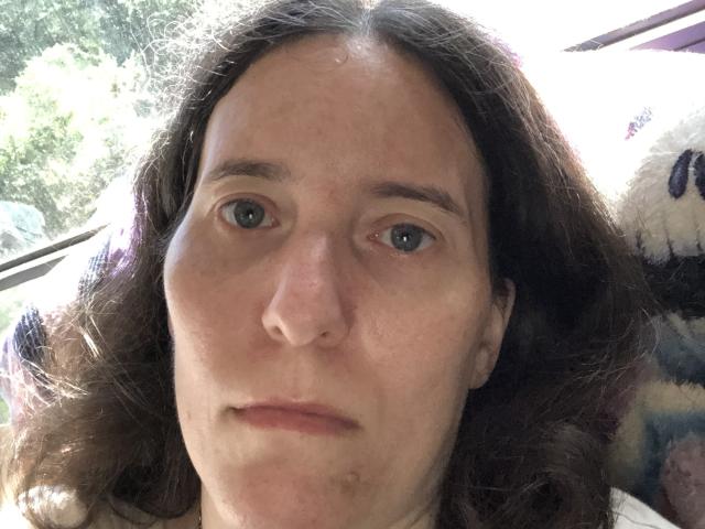 Jaimiet's face, showing medium-length brown hair, blue eyes, and a slight frown. Jaimiet has a small zit on their chin and a slightly flushed, pale skin tone.