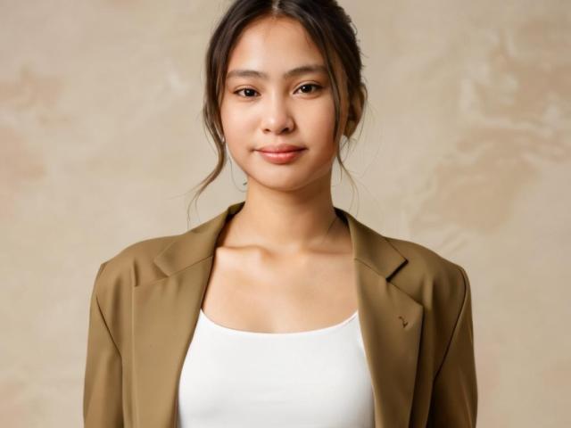 Jennelyn trägt eine braune Jacke, ein weißes Oberteil, hat kleine Brüste, braune Augen, helle Haut, schwarzes Haar zu einem unordentlichen Dutt gebunden, ein kaum merkliches Lächeln und steht vor einer beige gefärbten, strukturierten Wand..