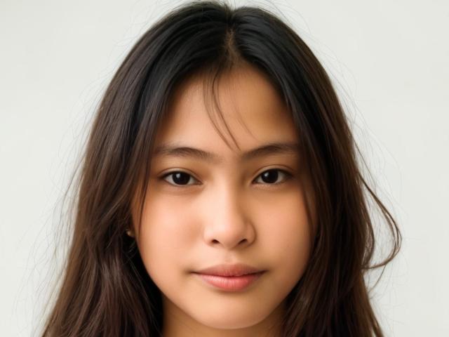 Jennelyns Gesicht, braune Augen, glattes, dunkelbraunes Haar, hellbraune Haut, leichtes Lächeln, kein Make-up, weiche Gesichtszüge, kleine Nase, kleine Ohren, weißer Hintergrund..