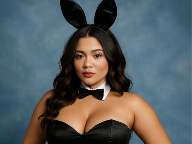 Maryorieth with black bunny ears, wearing a strapless black leather bustier, bow tie, and white collar, showcasing her big boobs and wavy dark hair, against a blue backdrop.