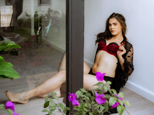 AliceCoolenk with red and black lace bra, black sheer robe, and black panties, sitting by a glass door, legs spread, purple flowers in foreground, looking at camera.