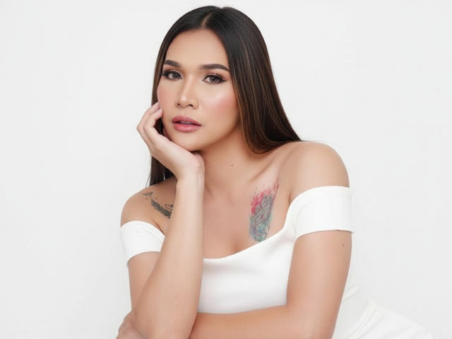 LexiSmithX with long dark hair, white off-shoulder top, hand on cheek, tattoo on right shoulder, looking at camera, slightly parted pink lips, subtle makeup, white background.