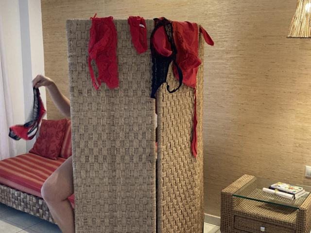 DeesseBleue's ass is partially visible, wearing pink underwear, holding red and black lace lingerie, and a red bra, in front of a woven room divider with more lingerie.