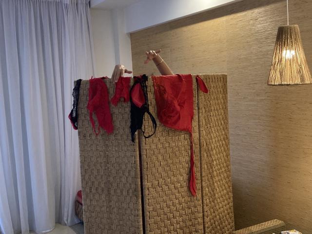DeesseBleue's arm points above a tall, woven screen with red and black lingerie hanging from it. Her arm is only visible. The lingerie includes bras and panties.