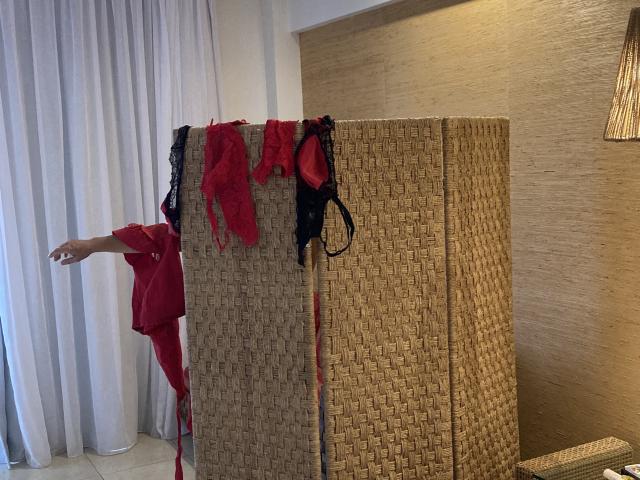 DeesseBleue's red and black lace lingerie, including a bra and panties, hangs over a woven beige room divider. Her right arm extends out, touching the divider.
