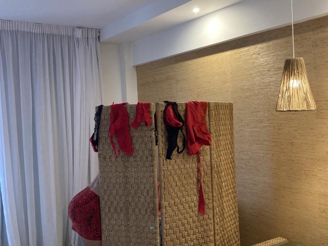 Weird wooden room divider with red and black lingerie hanging on top, under a wicker lamp, in a dimly lit, white-walled space. DeesseBleue's stuff is all over it.