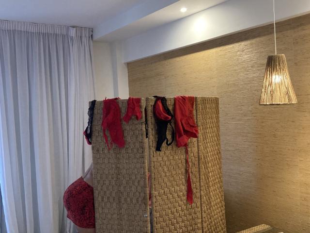 DeesseBleue's red and black lingerie hangs on a woven, beige room divider. A wicker lamp with a lit bulb is to the right, and white curtains are on the left.