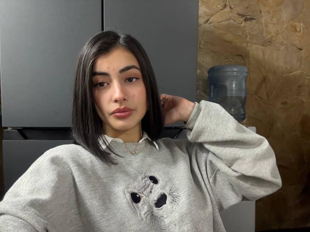 EmmaBeaumont with shoulder-length black hair, wearing a gray sweatshirt with a cat design, looking at camera, hand behind head, water bottle in background, serious expression, subtle makeup.