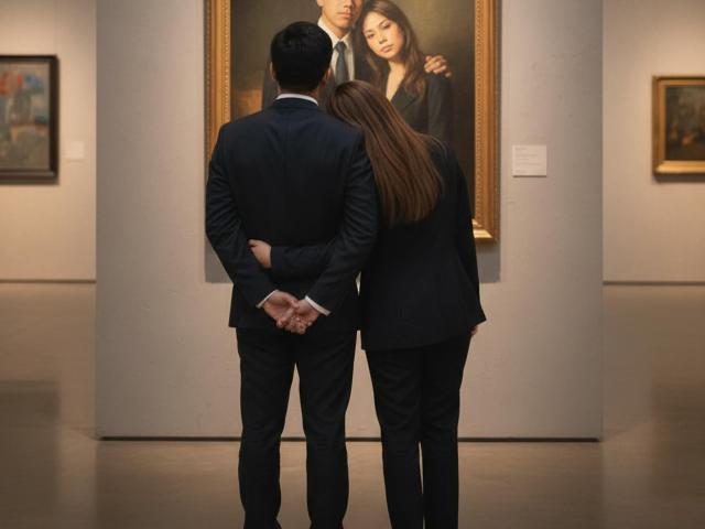 TwinFlameXx in a dark suit with hands behind back, standing with TwinFlameXx in a black suit, leaning to kiss the lower part of a framed portrait's upper tits.