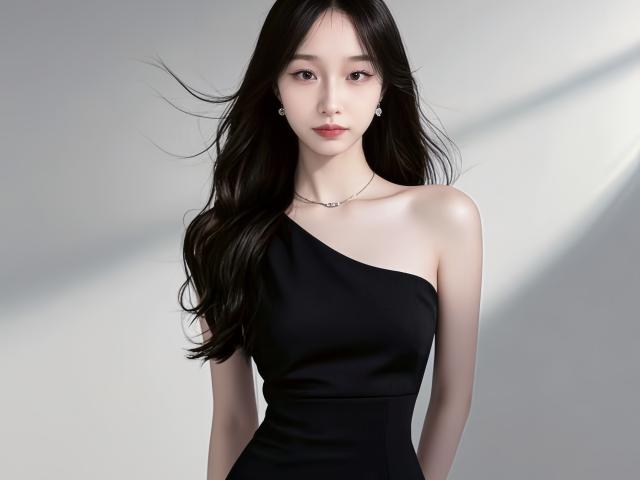 LinlinYa with long black hair, wearing a black one-shoulder dress, small earrings, and a necklace, has a fair skin tone and a calm expression. Her tits are modest.