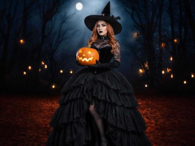 SharomCastle with red hair, black witch hat, and dress holding a glowing pumpkin, wearing black gloves, in a dark forest with floating candles, full moon, and fallen leaves.