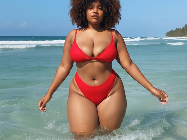 Eilin stands in shallow ocean water wearing a bright red, high-cut bikini. She has curly, medium-brown hair and a medium to dark skin tone. Her bikini top is small, highlighting her large breasts. The high-cut bottoms reveal her wide hips and thick thighs. She holds her arms slightly away from her body, with water droplets on her hands. The clear blue water and distant white waves form the background. Her confident, relaxed stance is central in the image. The bright red of her bikini contrasts with the blue and green of the ocean.